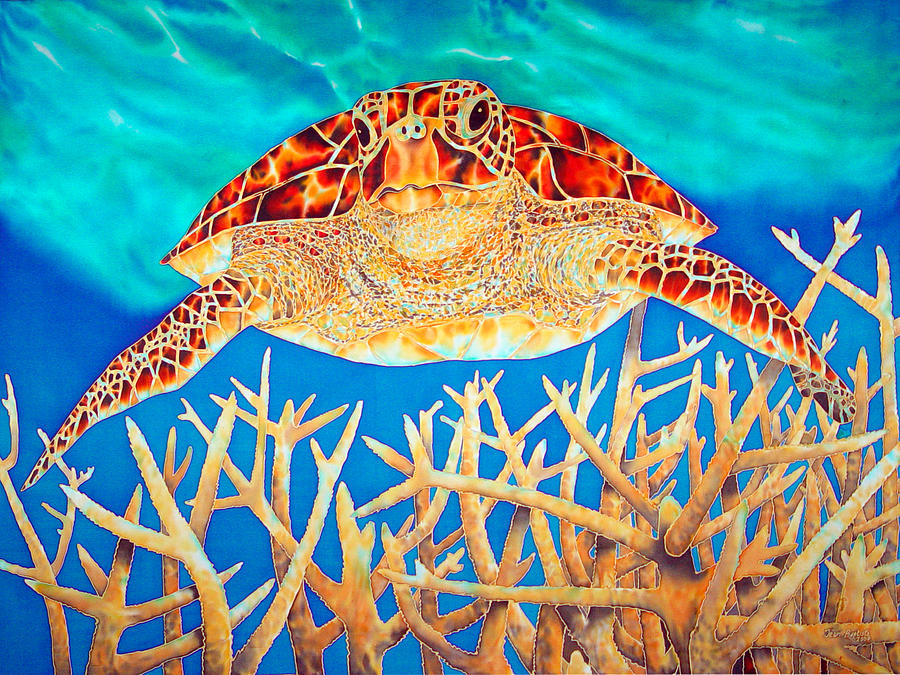Wildlife Painting - Sea  Turtle Soaring over Staghorn by Daniel Jean-Baptiste