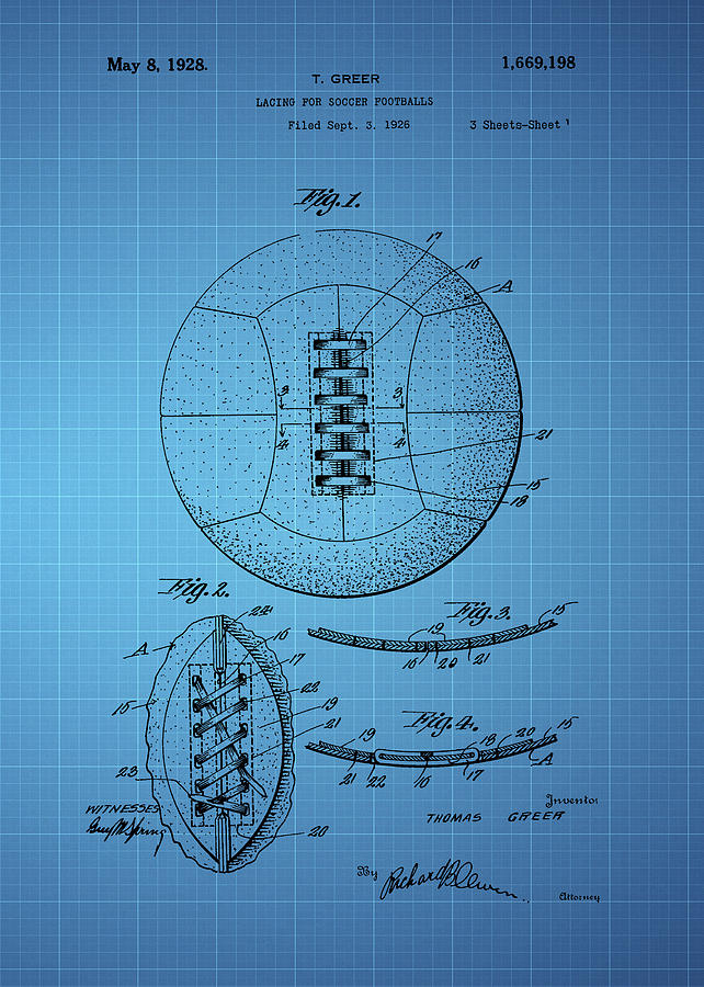 Soccer Ball Patent 1928 - Blue Photograph