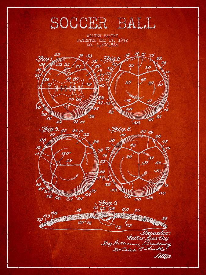 Soccer Digital Art - Soccer Ball Patent Drawing from 1932 - Red by Aged Pixel