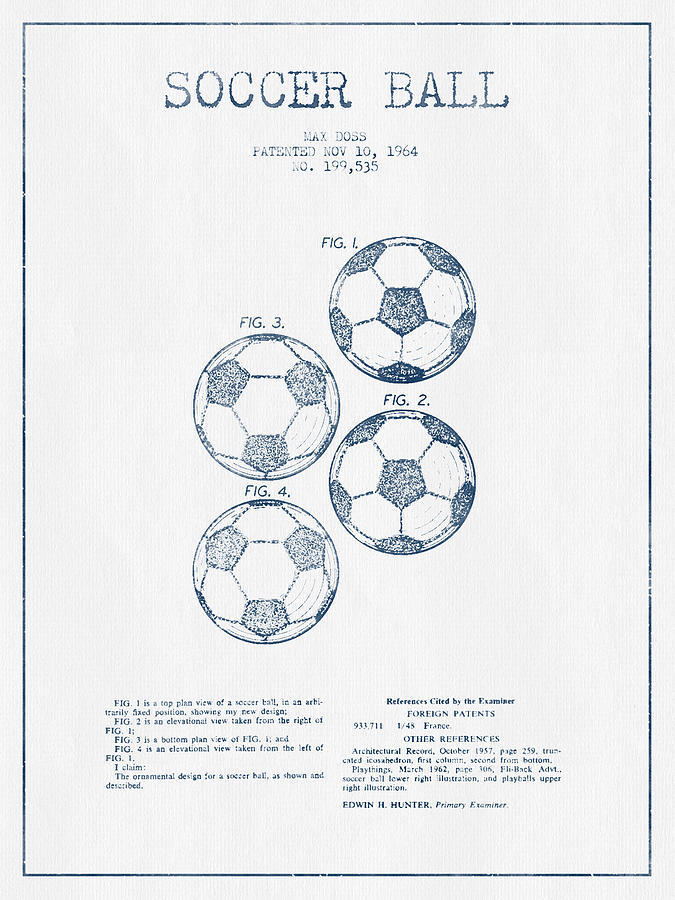Soccer Ball Patent Drawing From 1964  - Blue Ink Digital Art