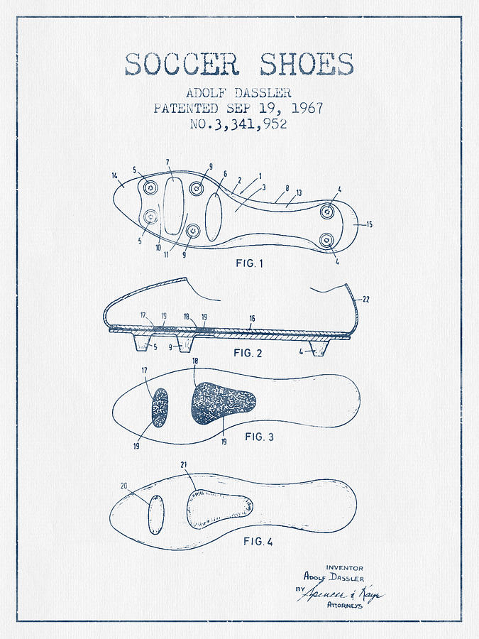 Soccer Shoe Patent From 1967 - Blue Ink Digital Art