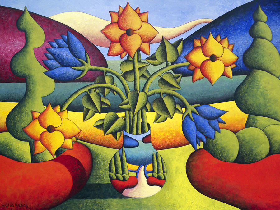 Softvase with flowers in landscape Painting by Alan Kenny