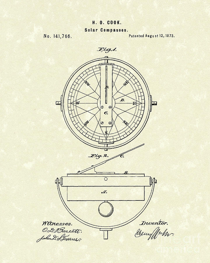 Cook Drawing - Solar Compass 1873 Patent Art by Prior Art Design