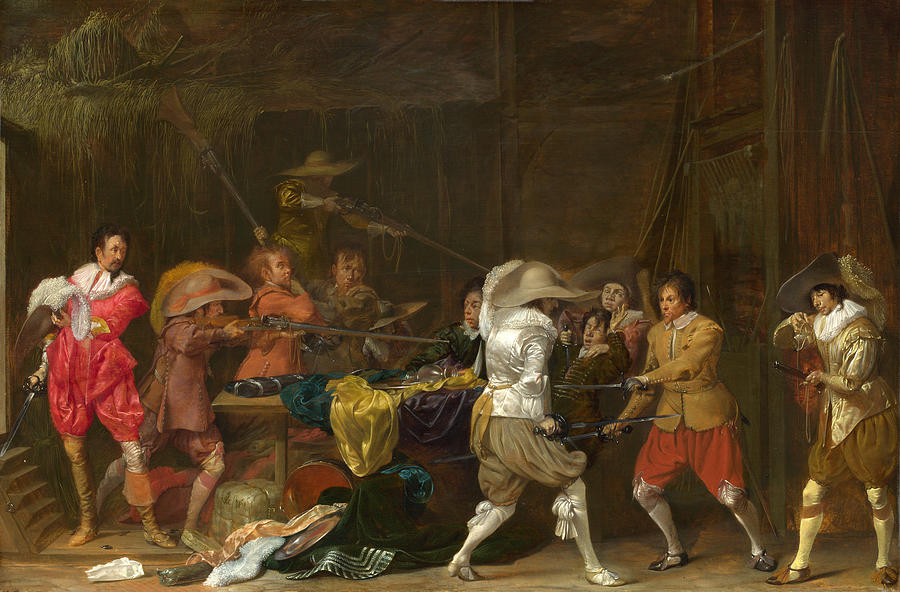 Soldiers fighting over Booty in a Barn Painting by Willem Cornelisz Duyster