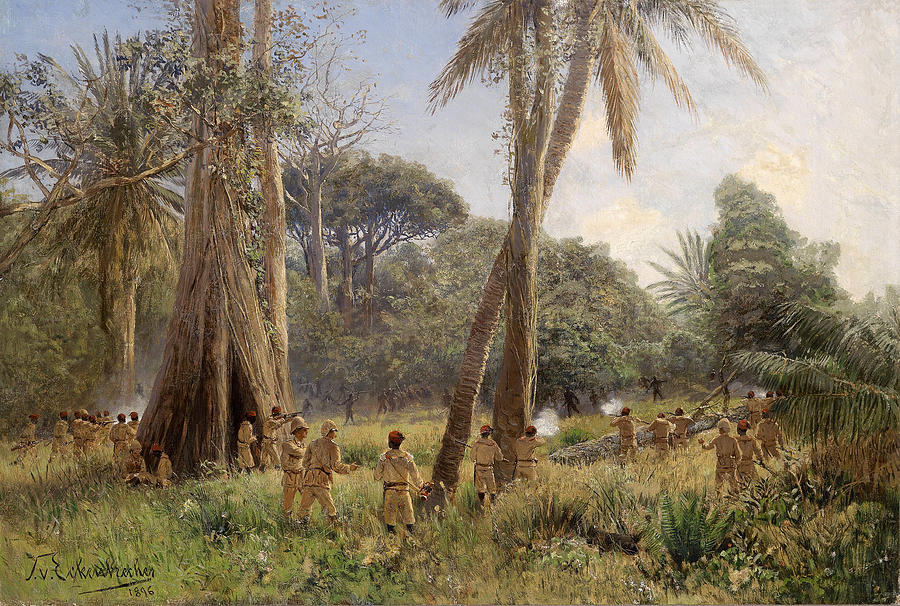 Soldiers in African tropical landscape Painting by Themistokles von Eckenbrecher