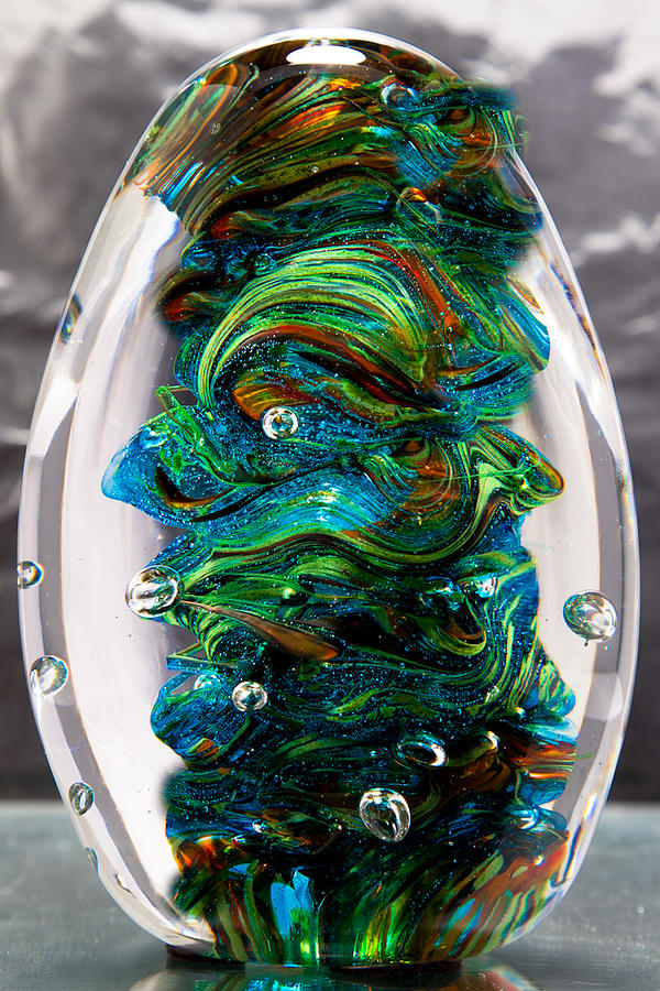 Solid Glass Sculpture - 13E7 - Blue Greens and Orange Sculpture by David Patterson