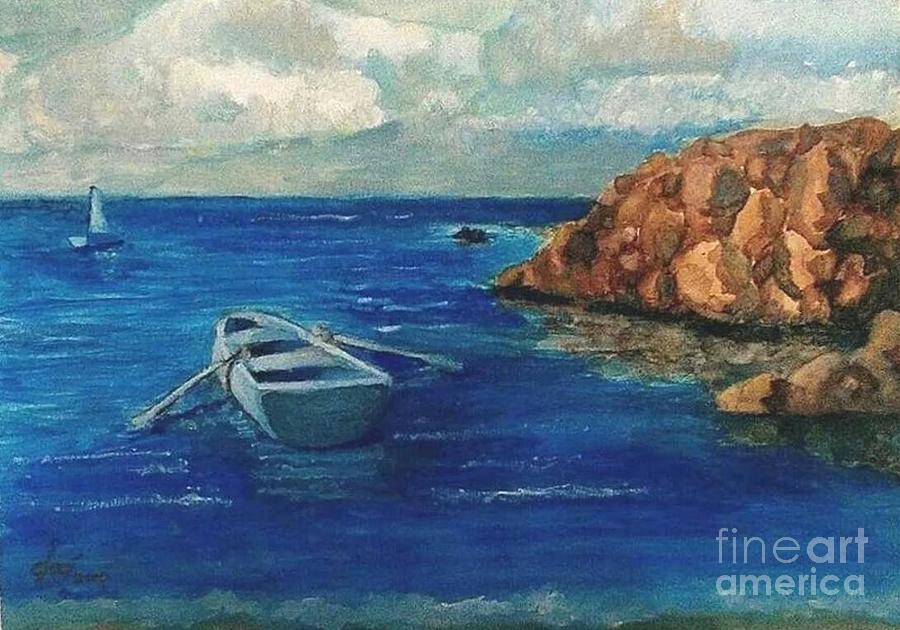 Rowboat Painting - Solo Rowboat Rocks II by Jose Breaux