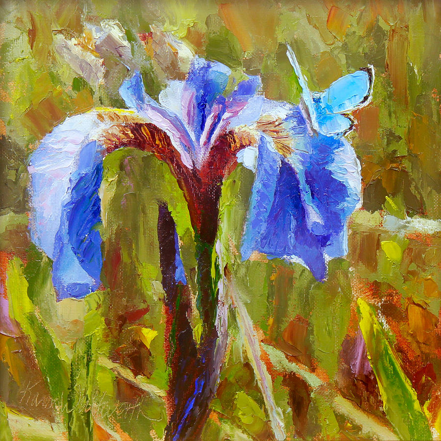 Alaskan Wild Iris and Blue Butterfly Flower Painting Painting by K Whitworth