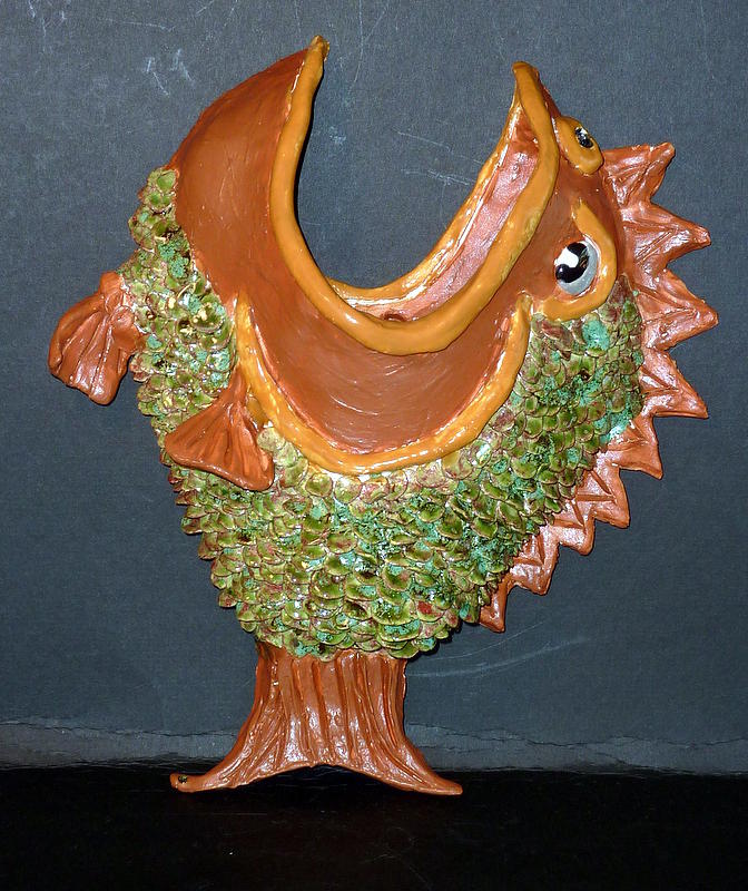 Ceramic Sculpture - Something Fishy Wall Pocket Vase by Debbie Limoli
