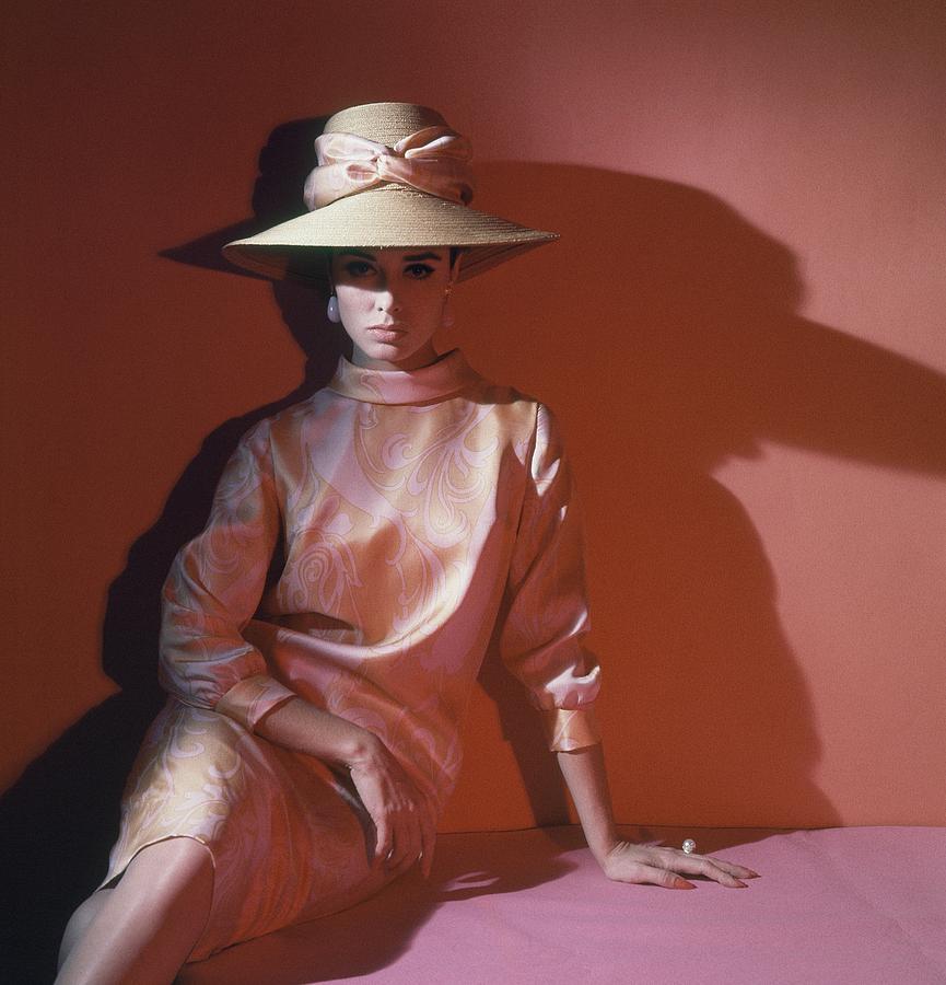 Sondra Peterson Wearing Pink Ensemble With Straw Photograph by Horst P. Horst