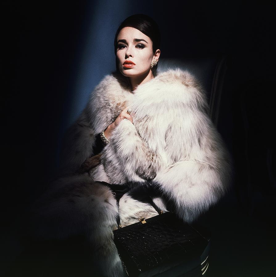 Sondra Peterson Wearing White Fur Coat Photograph by Horst P. Horst