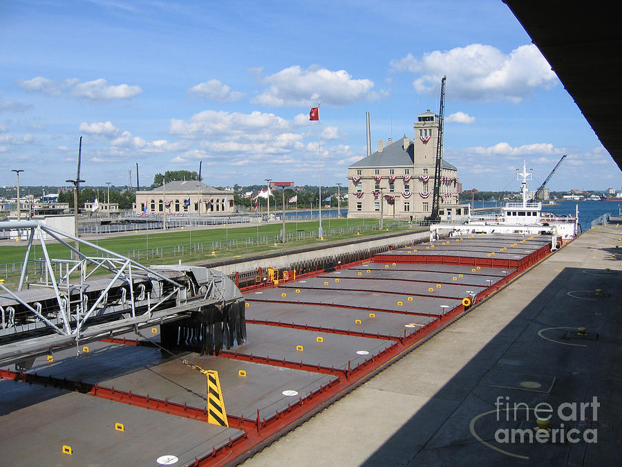 Soo Lock and Great Lakes Freighter Photograph by Ann Horn