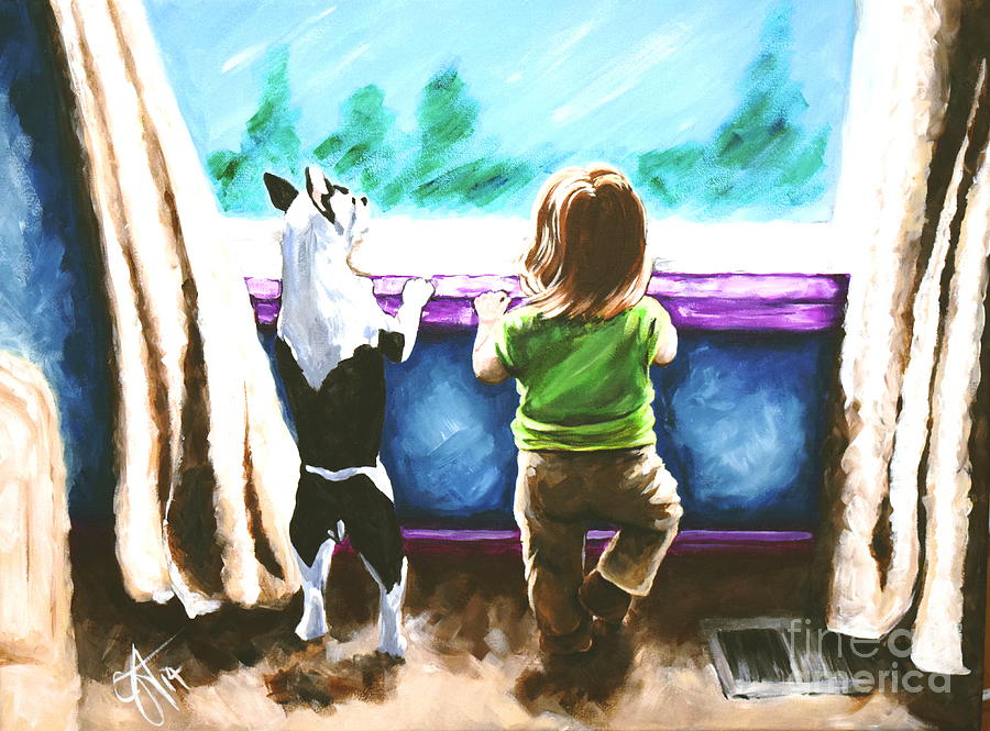 Waiting For Daddy Dog Boston Terrier Child Home House Window Jackie Carpenter Pet Dogs Puppy Painting by Jackie Carpenter