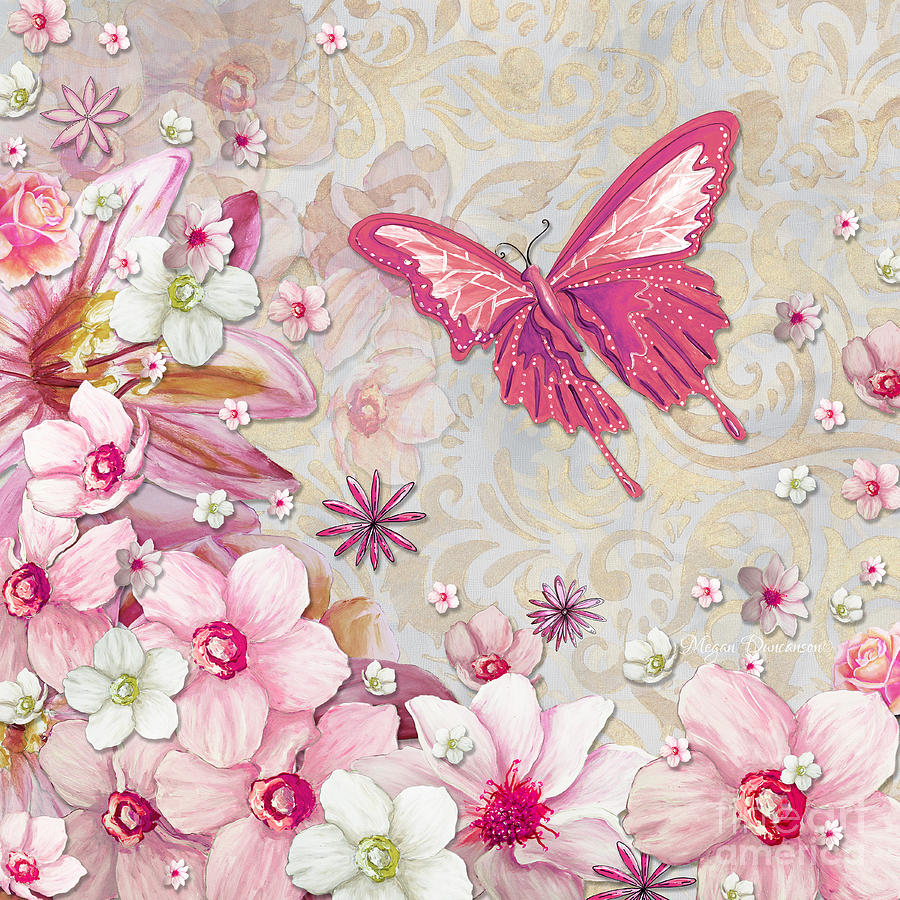 Sophisticated Elegant Whimsical Pink Butterfly Floral Flower Art Springs Joy by Megan Duncanson Painting by Megan Aroon