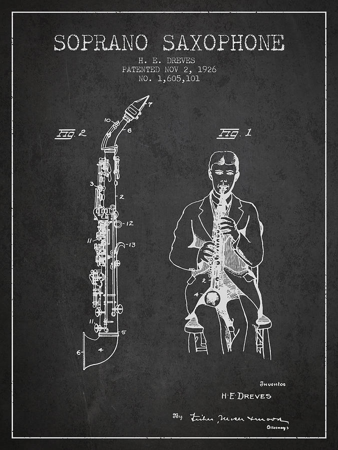 Soprano Saxophone Patent From 1926 - Charcoal Digital Art
