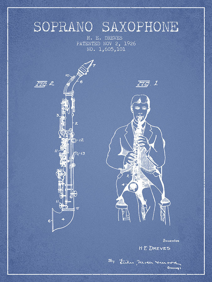 Musician Digital Art - Soprano Saxophone patent from 1926 - Light Blue by Aged Pixel