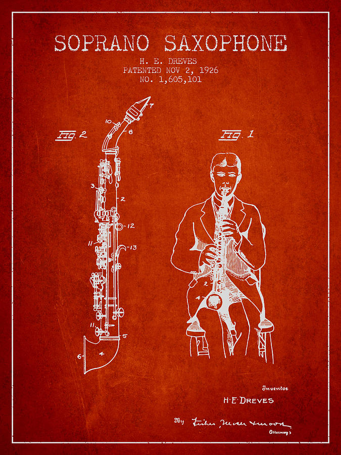 Musician Digital Art - Soprano Saxophone patent from 1926 - Red by Aged Pixel