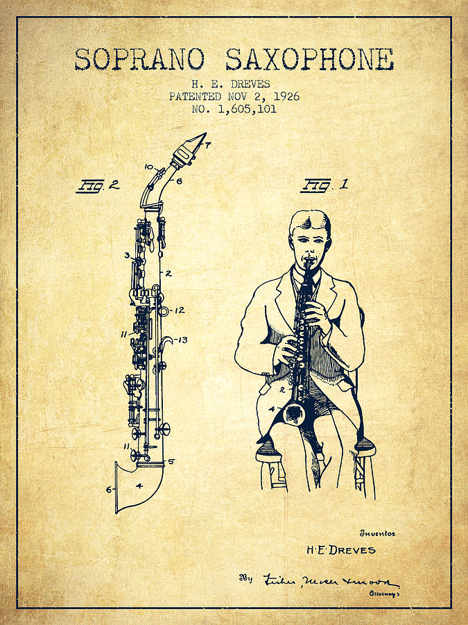 Soprano Saxophone Patent From 1926 - Vintage Digital Art