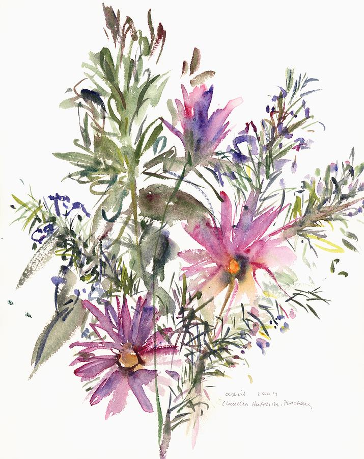 South African daisies and lavander Painting by Claudia Hutchins-Puechavy
