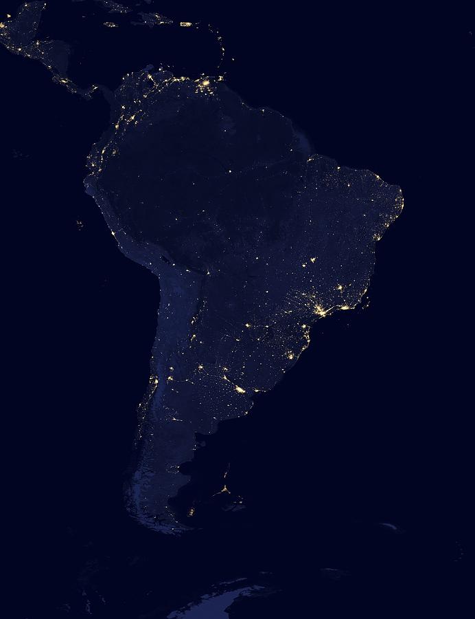 South America At Night Satellite Image Photograph By Science Photo Library