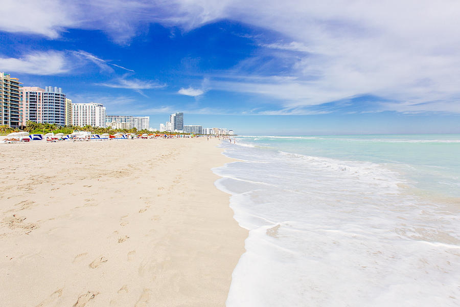 South Beach in Miami with white sand, clear turquoise sea and blue sky, Miami, Florida, USA Photograph by Alexander Spatari