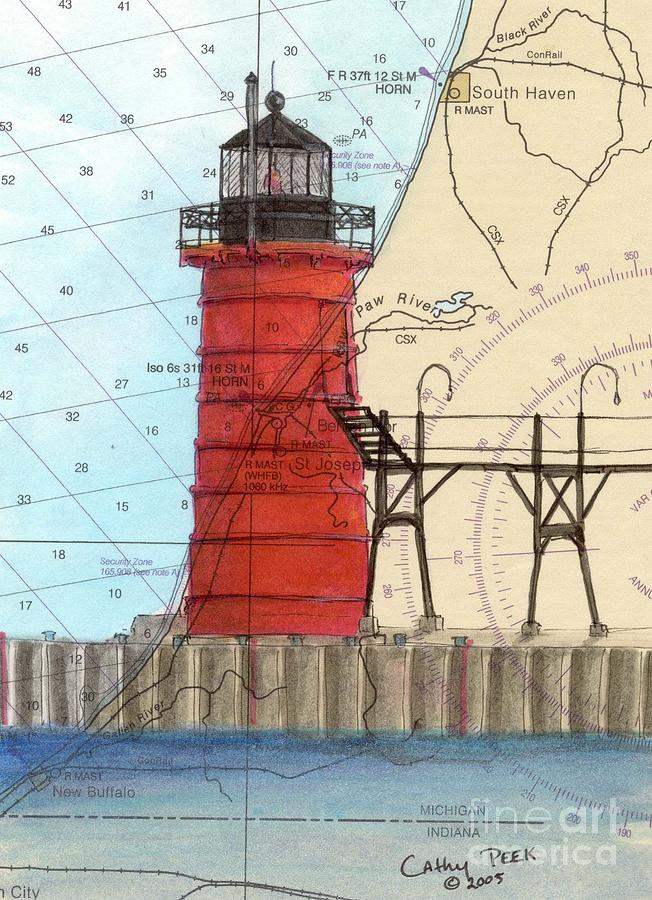 Lighthouse Painting - South Haven Lighthouse MI Nautical Chart Map Art Cathy Peek by Cathy Peek