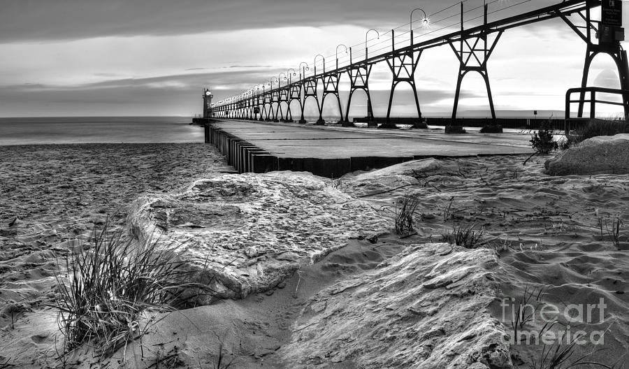 Black And White Photograph - South Haven Pier and Lighthouse by Twenty Two North Photography
