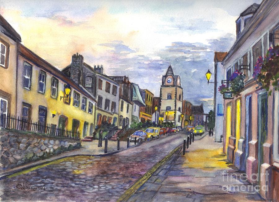 Streetscene Painting - Nightfall at South Queensferry Edinburgh Scotland at Dusk by Carol Wisniewski
