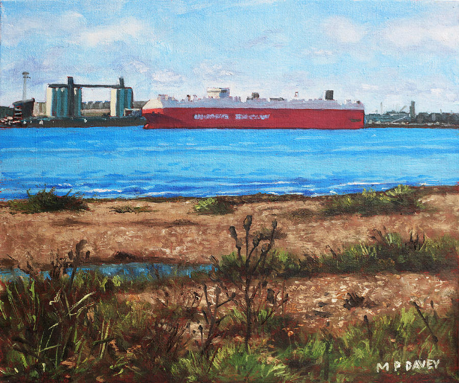 Southampton cargo ship as seen at Weston Shore Painting by Martin Davey