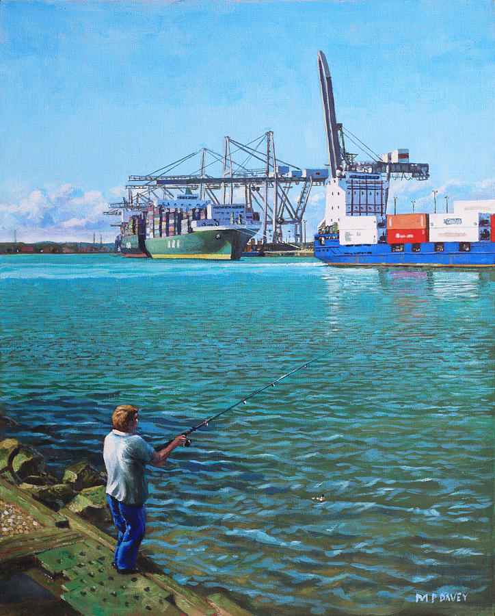 Southampton Western Docks Container Terminal as seen from Marchwood Painting by Martin Davey