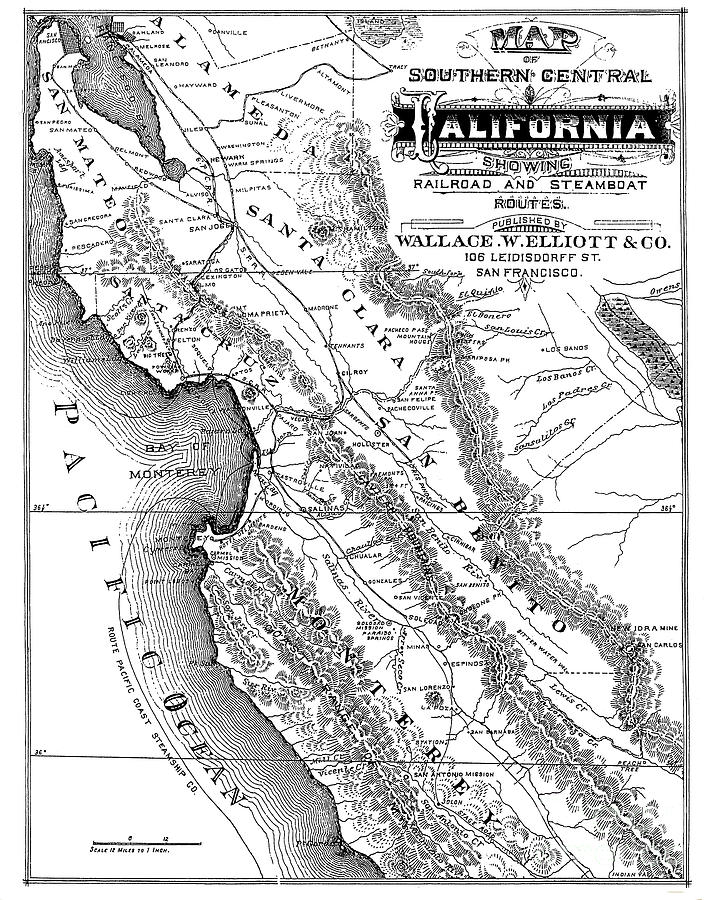 San Jose Photograph - Map of Southern Central California Showing Railroad and Steamboat Routes by Monterey County Historical Society