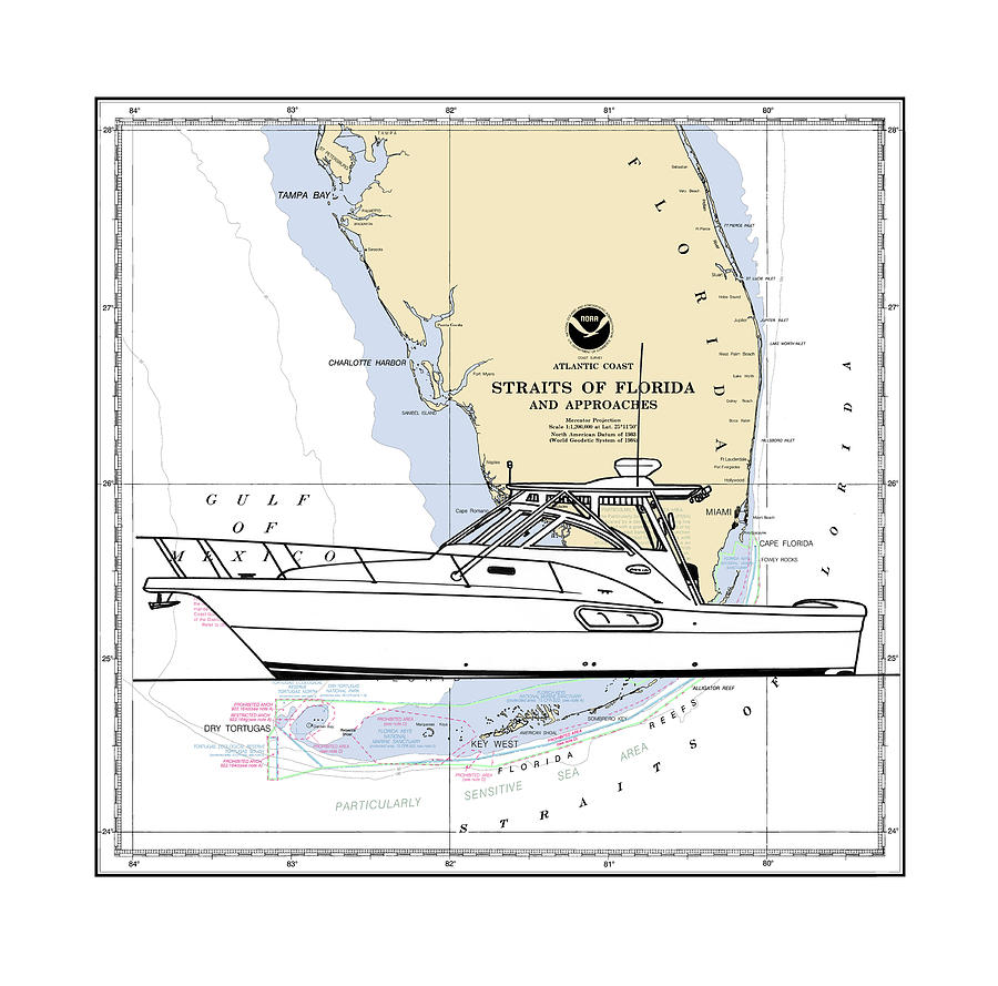 Yacht on Key West Chart Mixed Media by Jack Pumphrey