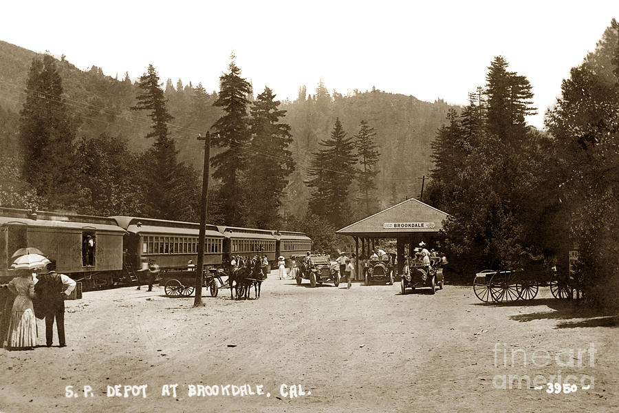 Train Photograph - Southern Pacific Depot at Brookdale Santa Cruz Co. Cal. Circa 1910 by Monterey County Historical Society