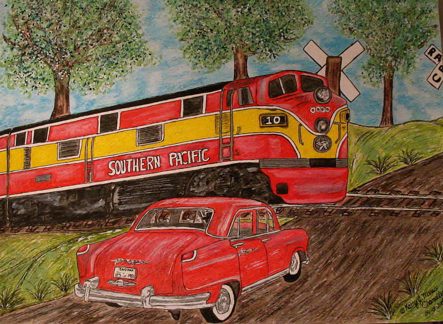 Southern Pacific Train 1951 Kaiser Frazer Car RR Crossing Painting by Kathy Marrs Chandler
