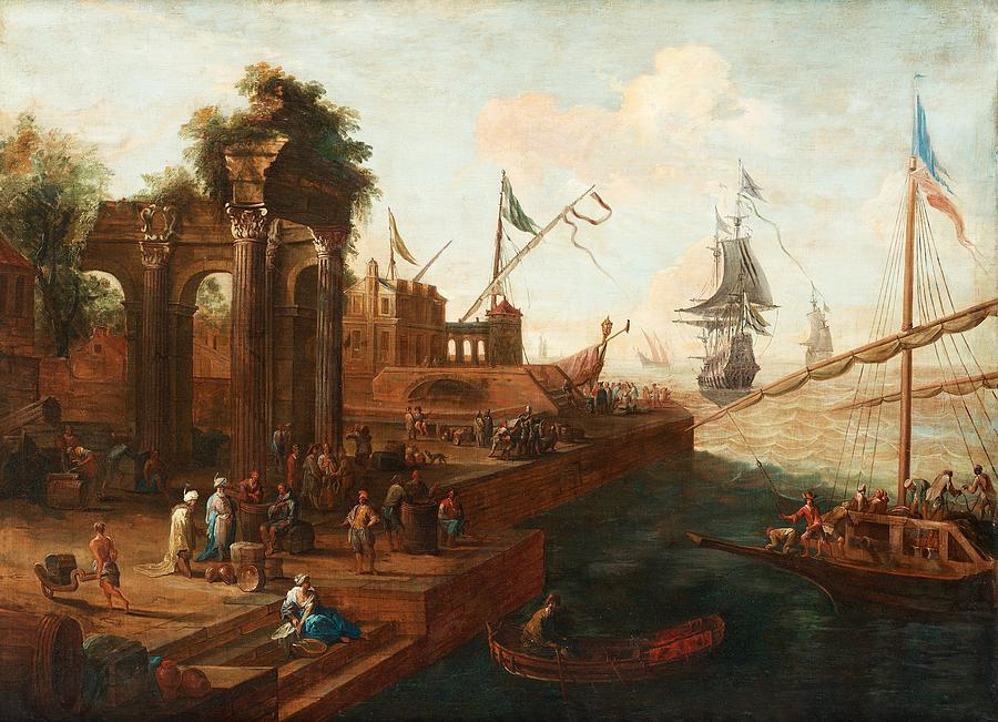 Abraham Storck Painting - Southern Port With Figures And Ships by Celestial Images