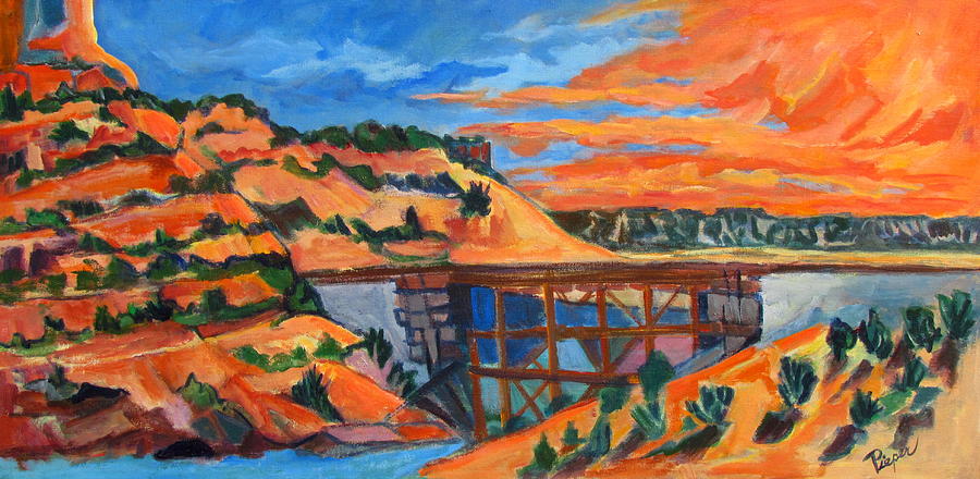 Southwest Sun Rise and Rail Road Trestle  Painting by Betty Pieper