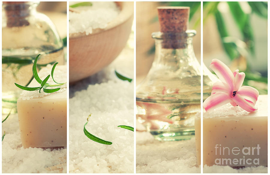 Nature Photograph - Spa collage with bath salt and flower by Mythja Photography