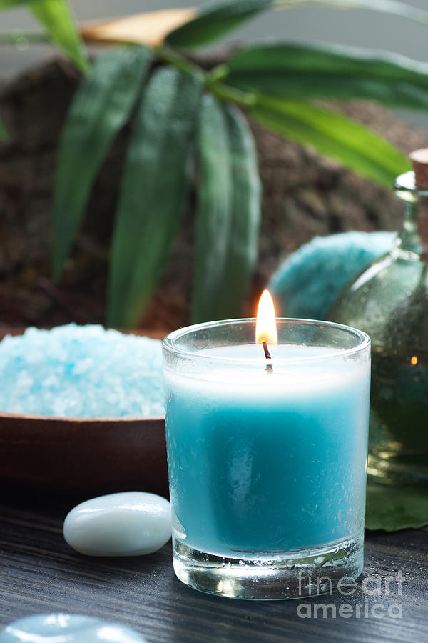 Nature Photograph - Spa setting with bath salt and candles by Mythja Photography