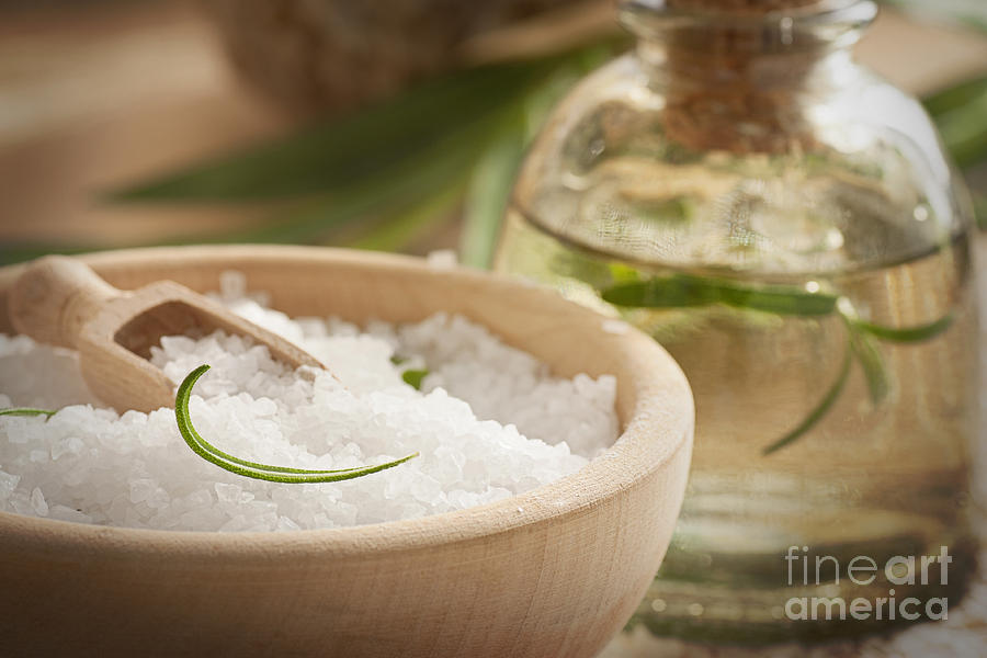 Nature Photograph - Spa setting with bath salt and soap by Mythja Photography