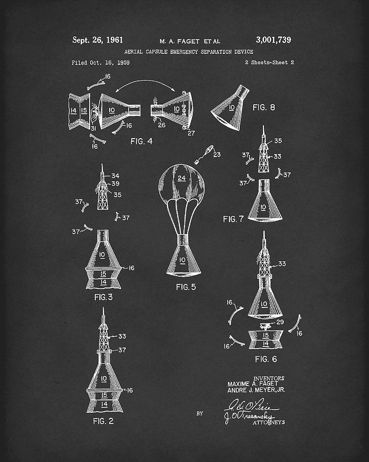 Space Capsule 1961 Mercury Patent Art  Black Drawing by Prior Art Design