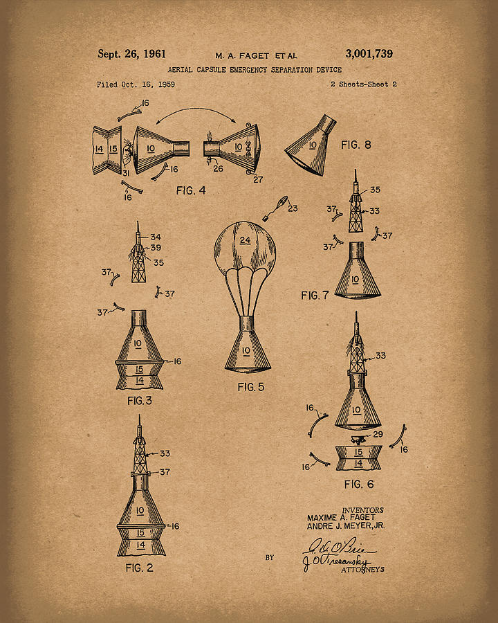 Space Capsule 1961 Mercury Patent Art  Brown Drawing by Prior Art Design