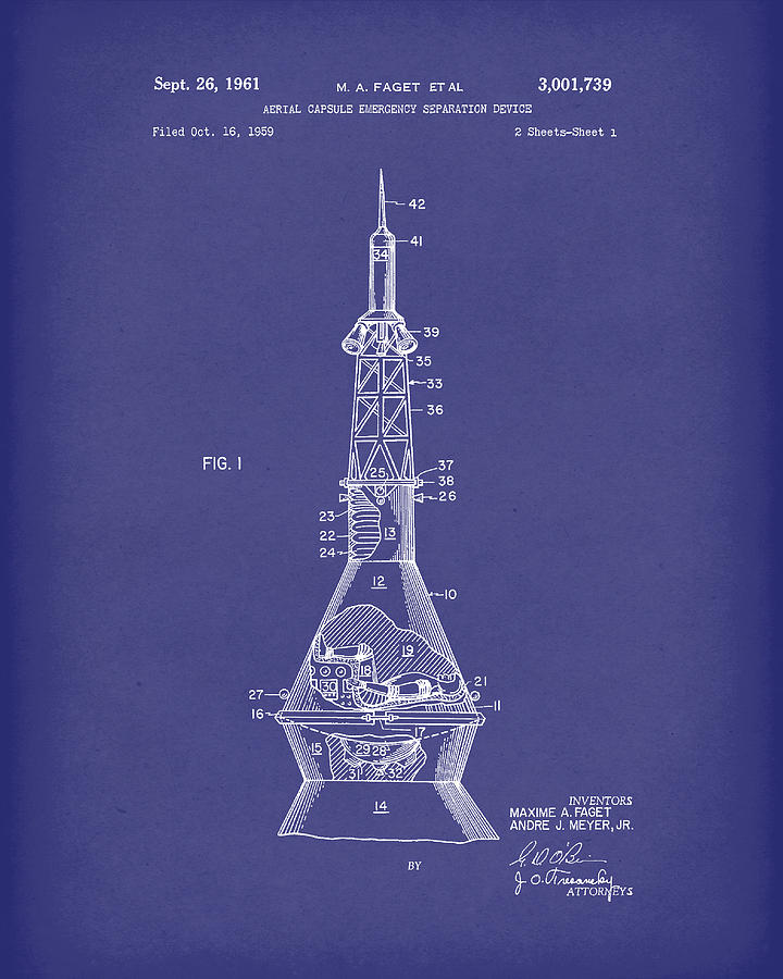 Space Capsule 1961 Patent Art Mercury Blue Drawing by Prior Art Design
