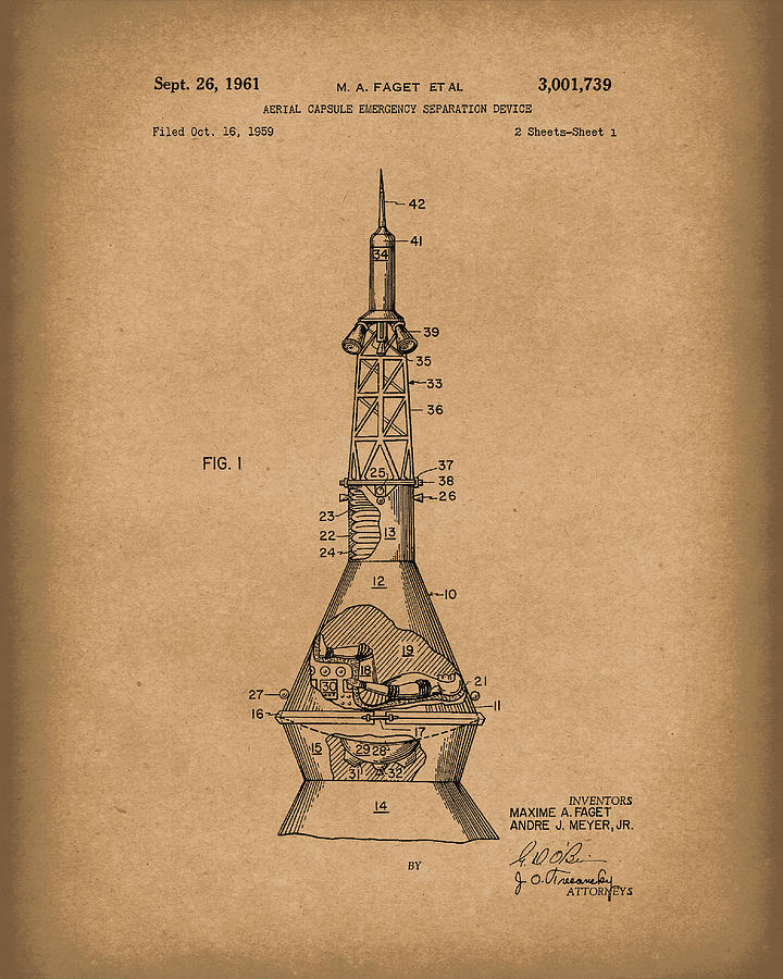 Space Capsule 1961 Patent Art Mercury Brown Drawing by Prior Art Design