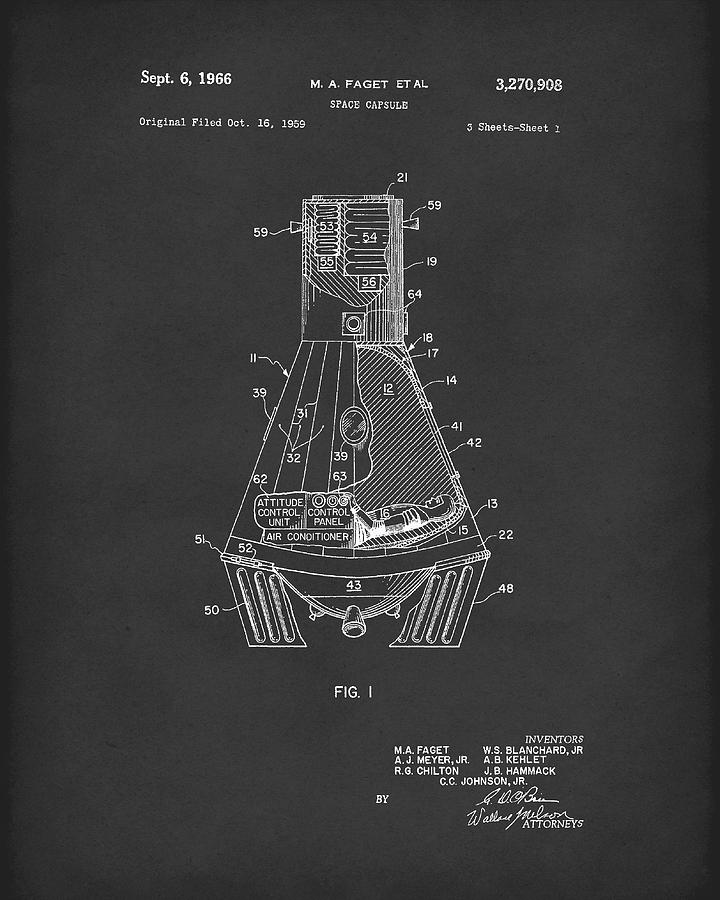 Space Capsule 1966 Mercury Patent Art Black Drawing by Prior Art Design