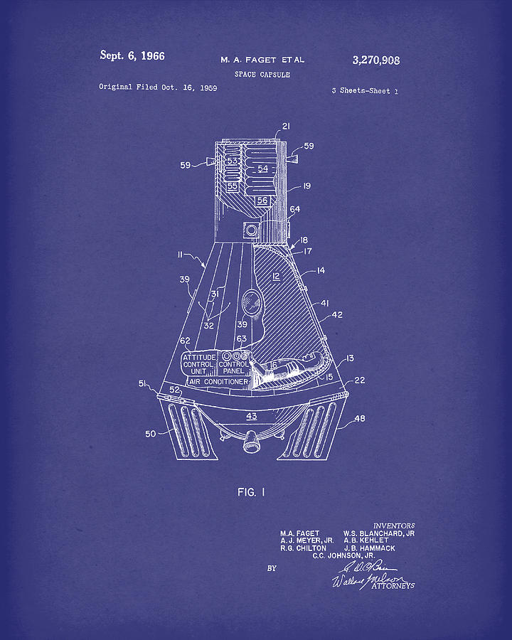 Space Drawing - Space Capsule 1966 Mercury Patent Art  Blue by Prior Art Design