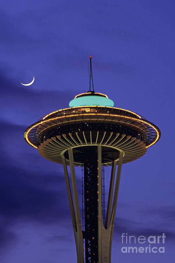 Retro Image of Space Needle and crescent moon Photograph by Jim Corwin