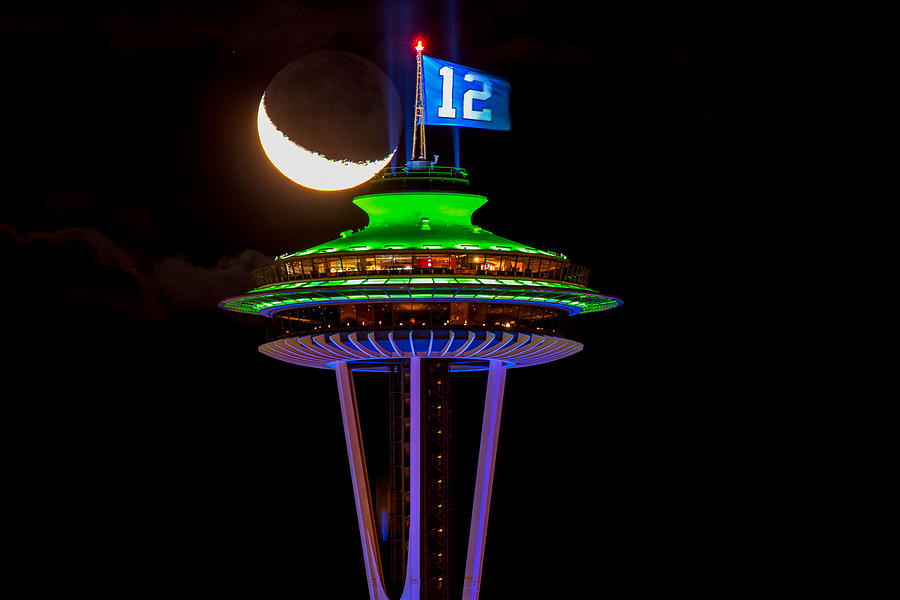 Space Needle with 12th man flag-1 Photograph by Hisao Mogi