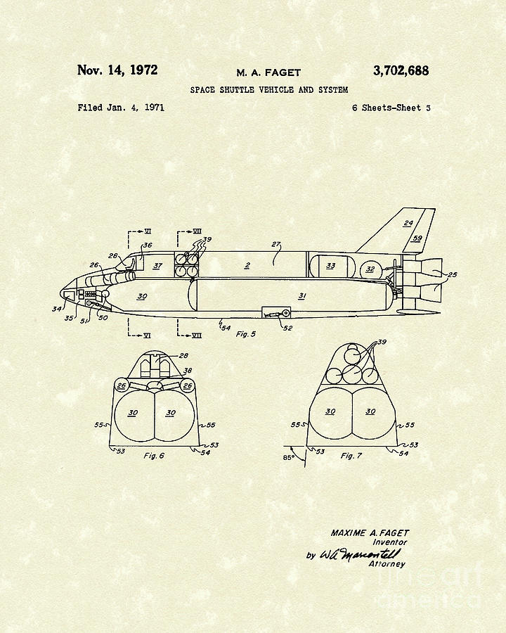 Space Shuttle 1972 Patent Art Drawing by Prior Art Design