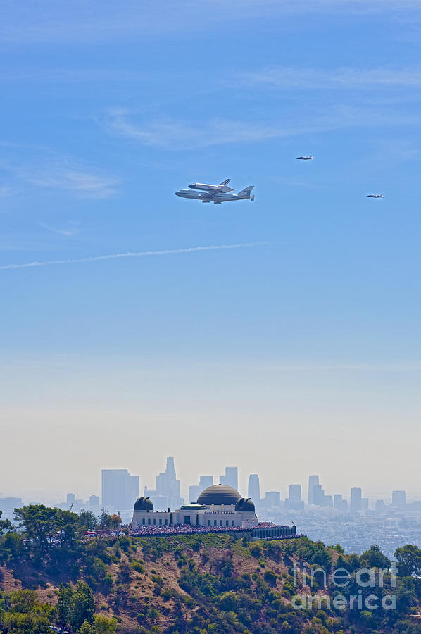 Griffith Observatory Photograph - Space shuttle Endeavour and chase planes over the Griffith Observatory by David Zanzinger