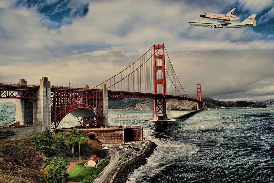 Space Photograph - Space Shuttle Endeavour Over Golden Gate Bridge by Movie Poster Prints